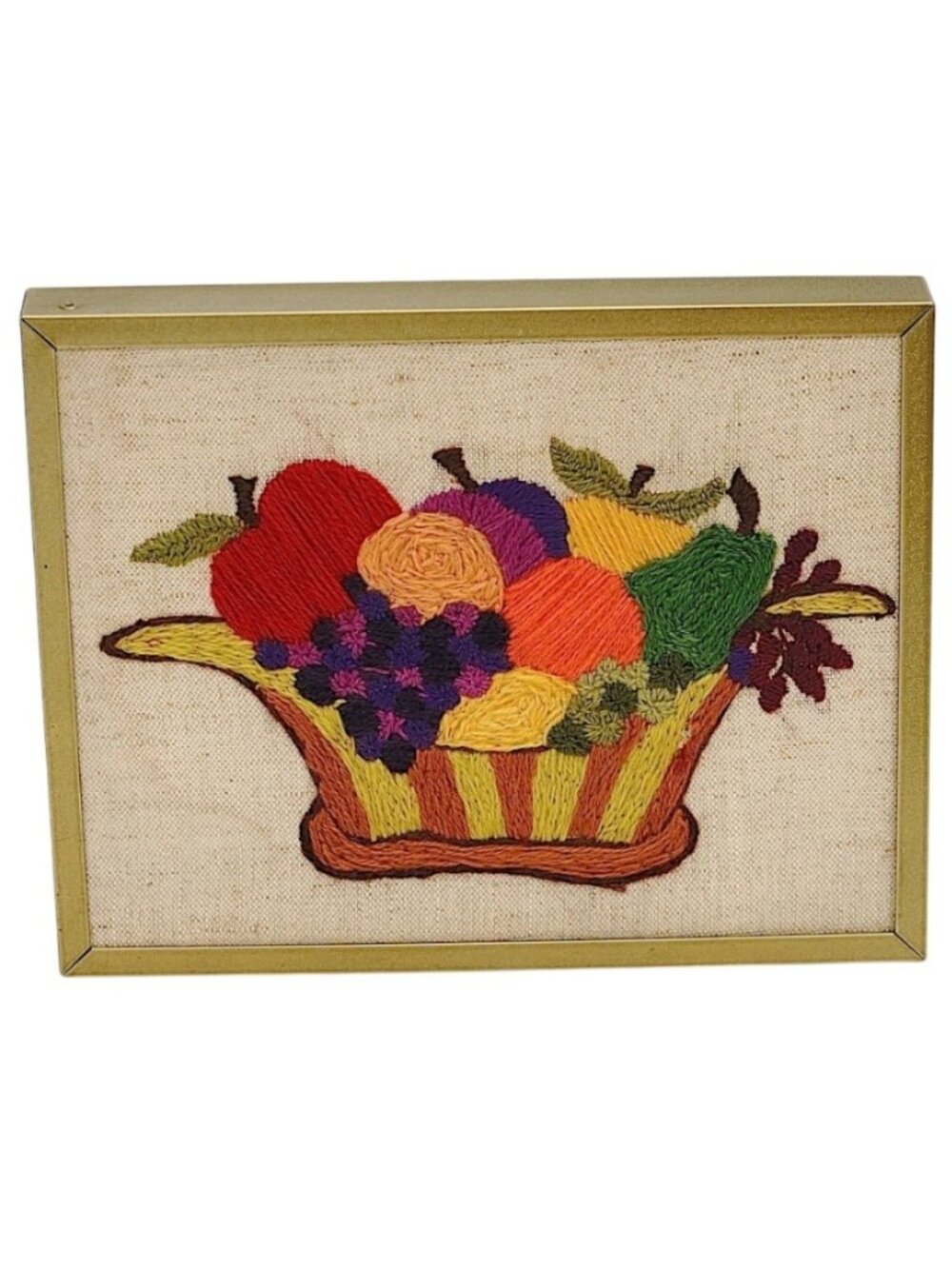 Vintage Wall Art Hand Embroidered Fruit Still Life Framed 8x10 Needlepoint Small